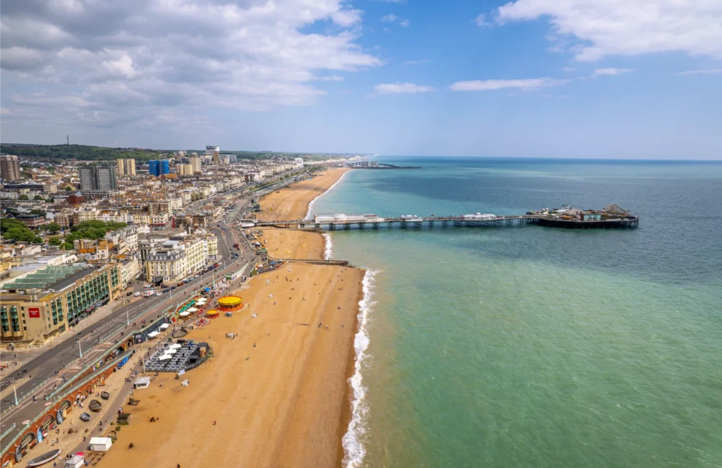 content marketing brighton - pier, beach and historic seafront from the air