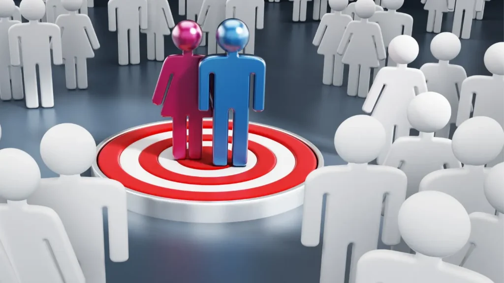graphic illustration of 2 people standing in the middle of a target with lots of figures around them, to illustrate direct outreach marketing
