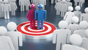 graphic illustration of 2 people standing in the middle of a target with lots of figures around them, to illustrate direct outreach marketing