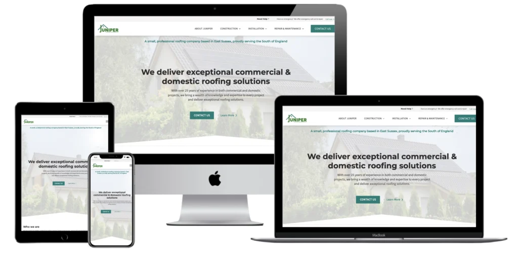 Juniper Roofing Southern Best Website Design case study homepage on multiple devices