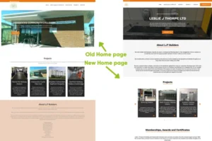 Before and after homepage of Leslie J Thorpe website - website design company case study