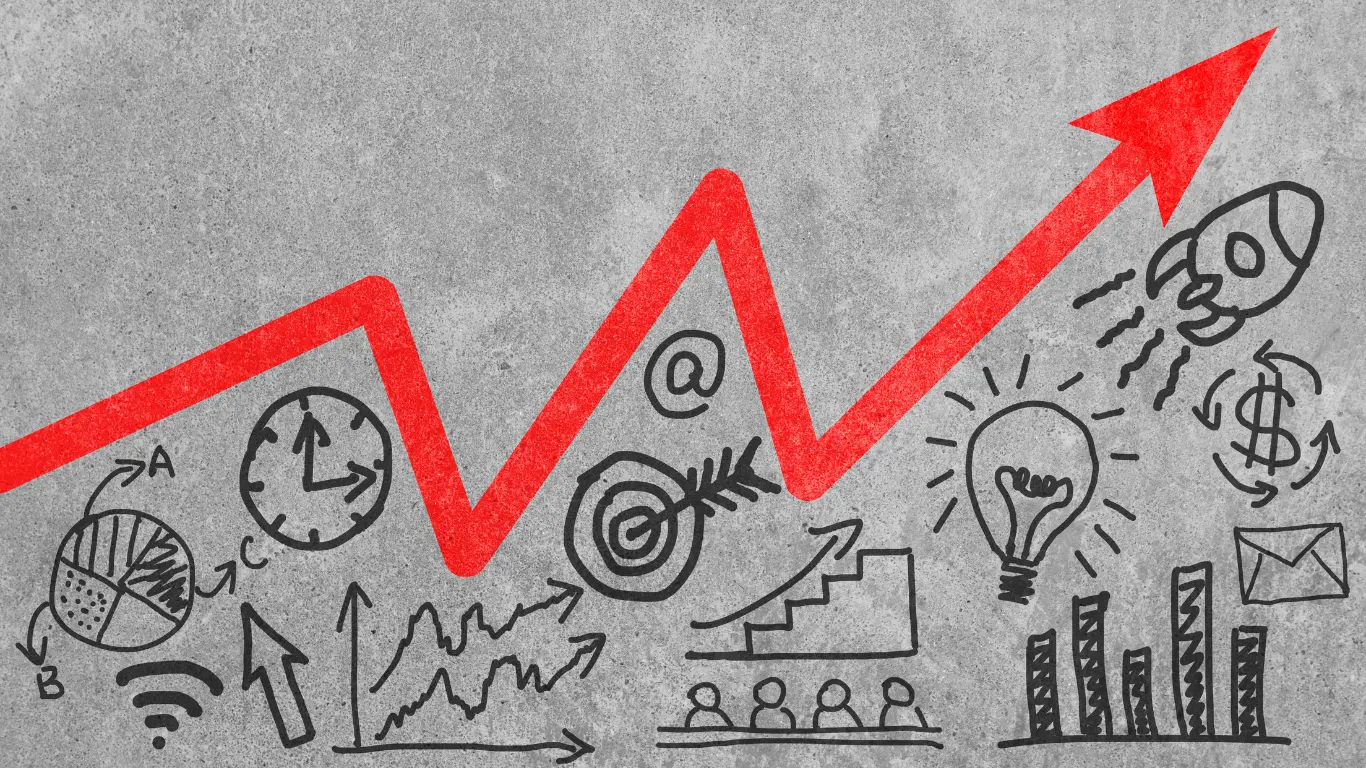 illustration to show what is strategic marketing with drawings of a target, charts, graph, lightbulb, clock, figures, rocket, wifi with a red arrow zigzagging upwards