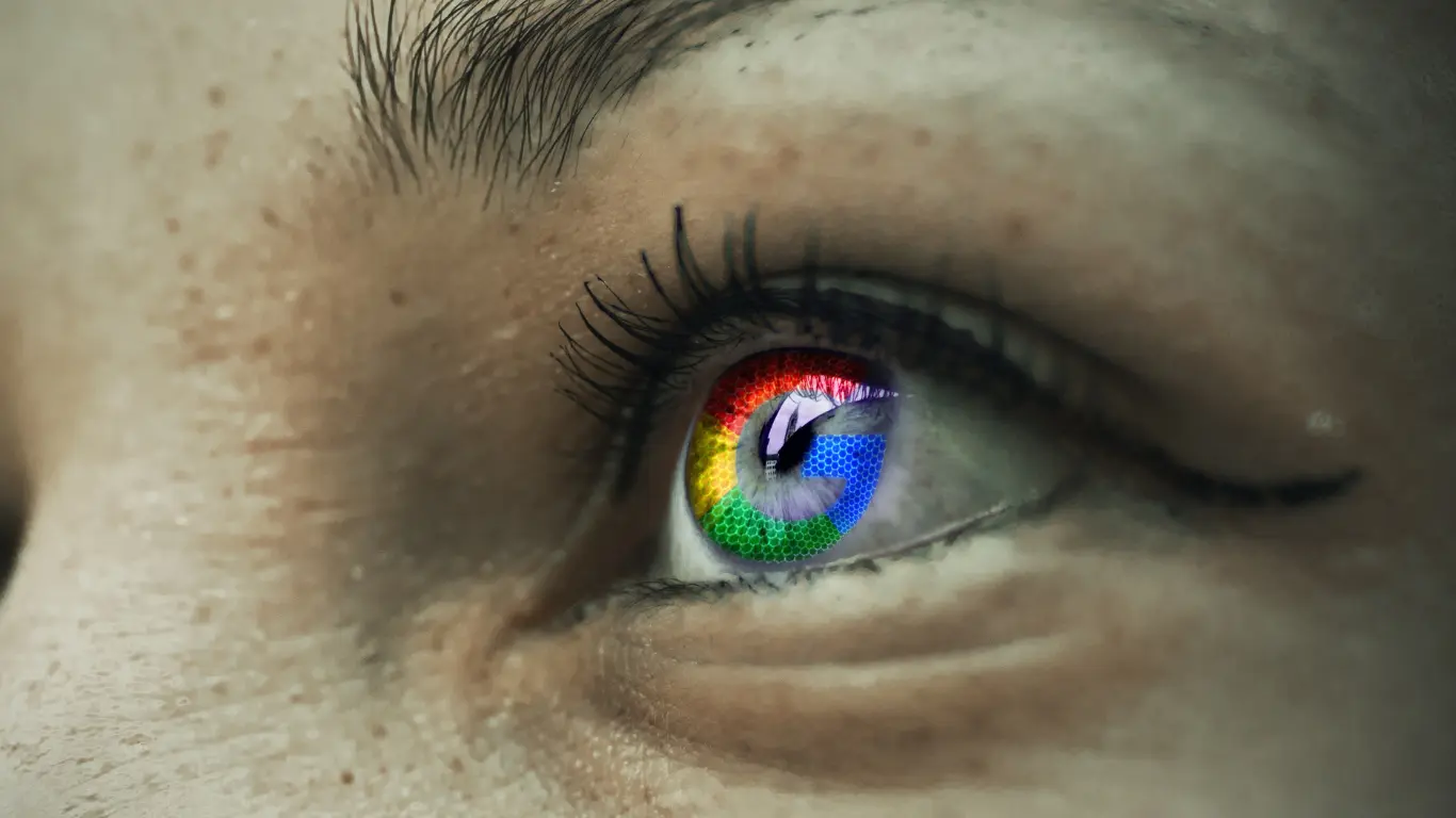 close up of an eye in the Google colours