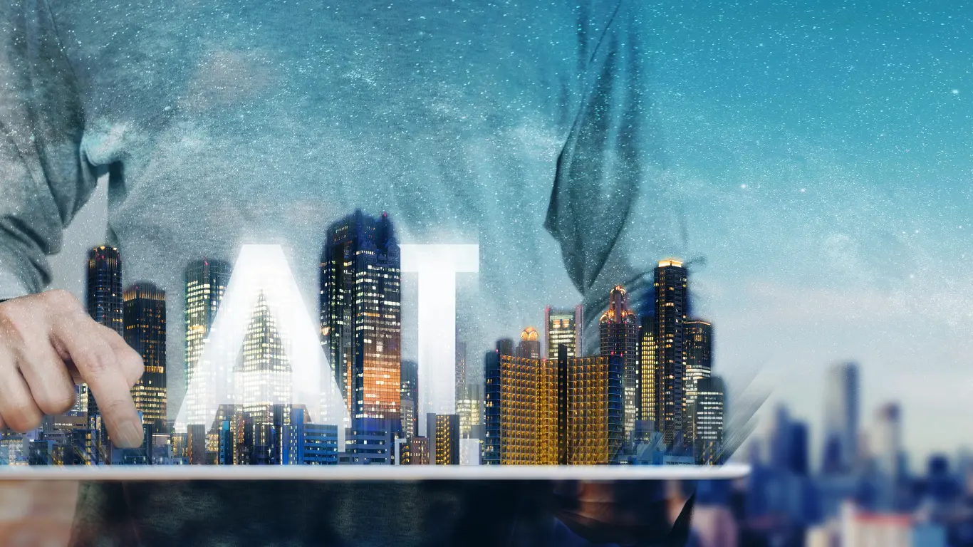 illustration of city skyline and the initials AI coming out of a laptop