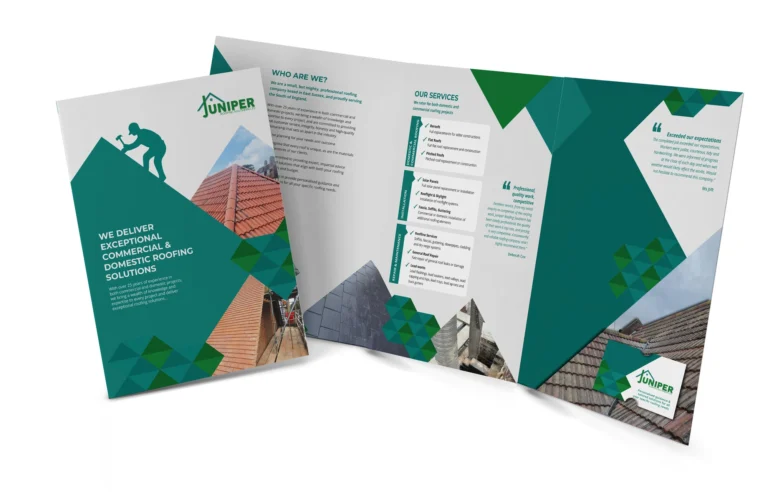 Juniper Roofing Southern presentation folder front cover and inside layout of three pages