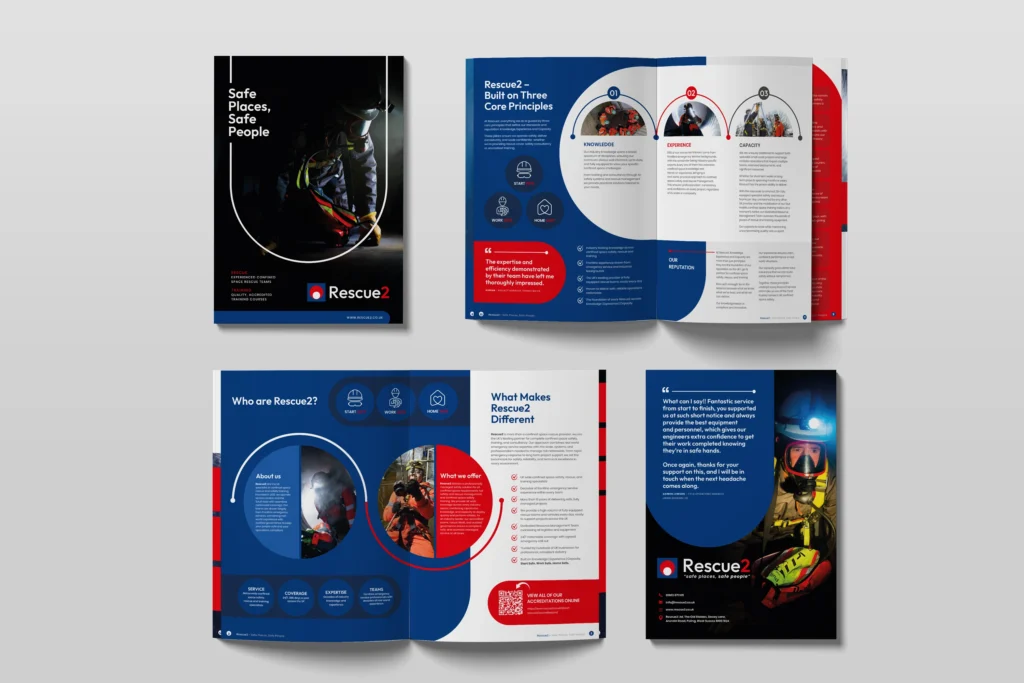 Rescue2 brand strategy across leaflets and flyers with bold and clear design
